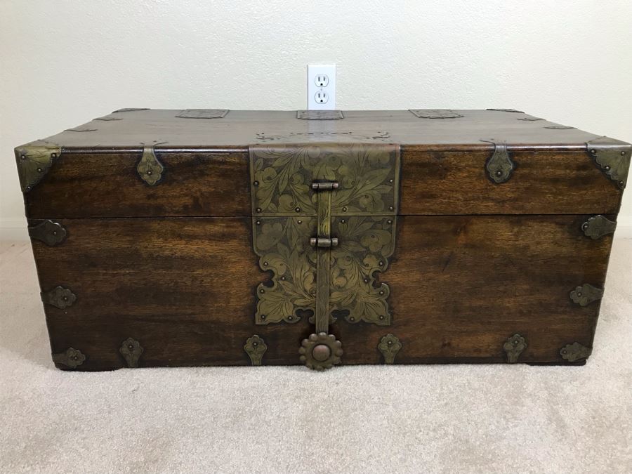 Antique Asian Wooden Chest With Chased Brass Hardware