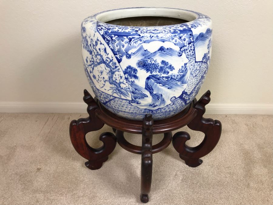 Large Blue And White Vintage Chinese Porcelain Pot With Wooden Stand - Pot 16W X 12H - Stand 12H