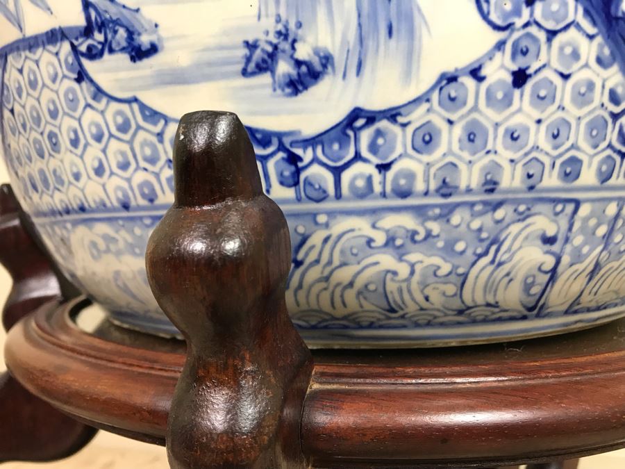Large Blue And White Vintage Chinese Porcelain Pot With Wooden Stand - Pot 16W X 12H - Stand 12H [Photo 5]