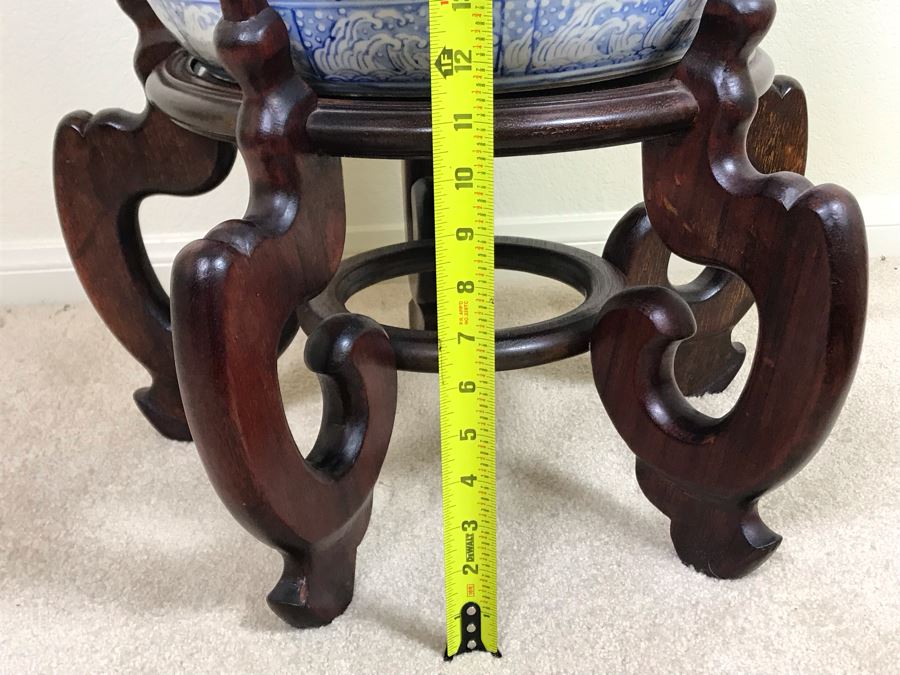 Large Blue And White Vintage Chinese Porcelain Pot With Wooden Stand - Pot 16W X 12H - Stand 12H [Photo 25]