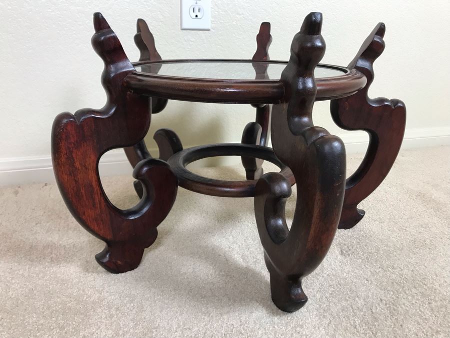 Large Blue And White Vintage Chinese Porcelain Pot With Wooden Stand - Pot 16W X 12H - Stand 12H [Photo 19]