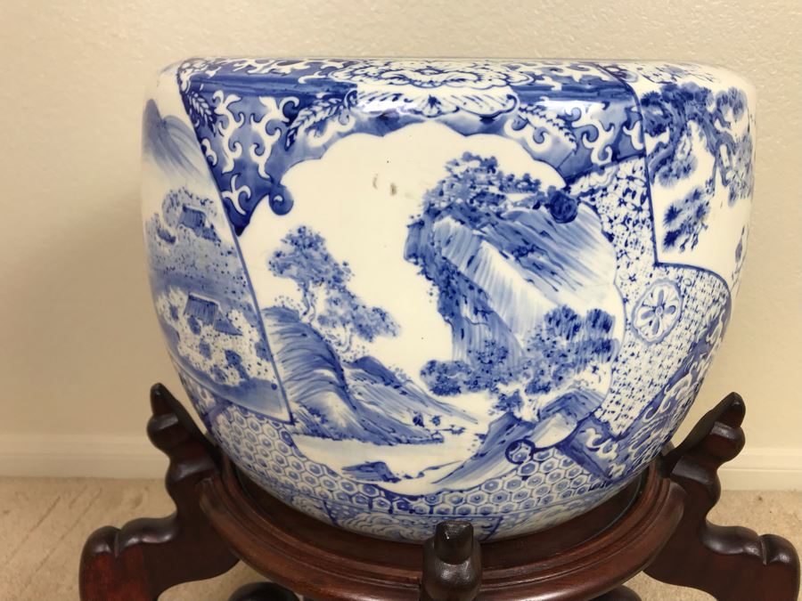 Large Blue And White Vintage Chinese Porcelain Pot With Wooden Stand - Pot 16W X 12H - Stand 12H [Photo 11]
