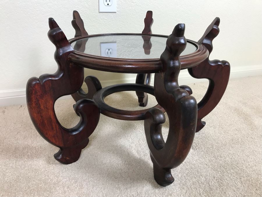 Large Blue And White Vintage Chinese Porcelain Pot With Wooden Stand - Pot 16W X 12H - Stand 12H [Photo 18]