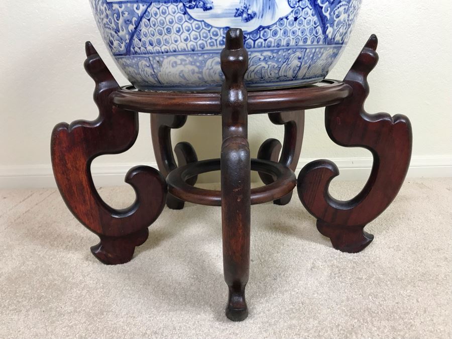 Large Blue And White Vintage Chinese Porcelain Pot With Wooden Stand - Pot 16W X 12H - Stand 12H [Photo 3]