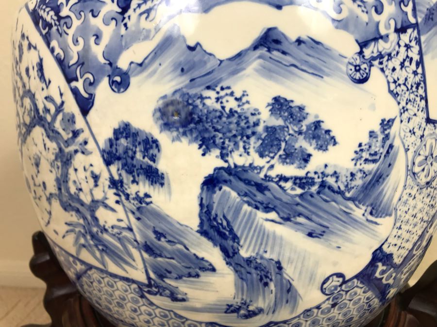 Large Blue And White Vintage Chinese Porcelain Pot With Wooden Stand - Pot 16W X 12H - Stand 12H [Photo 6]