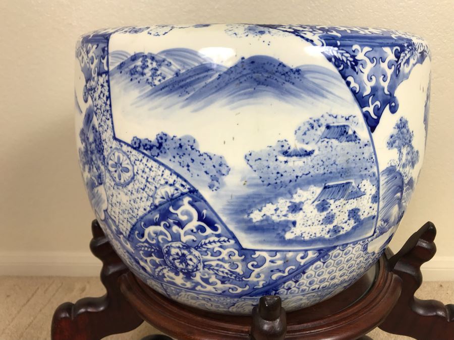 Large Blue And White Vintage Chinese Porcelain Pot With Wooden Stand - Pot 16W X 12H - Stand 12H [Photo 10]