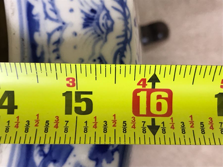 Large Blue And White Vintage Chinese Porcelain Pot With Wooden Stand - Pot 16W X 12H - Stand 12H [Photo 23]