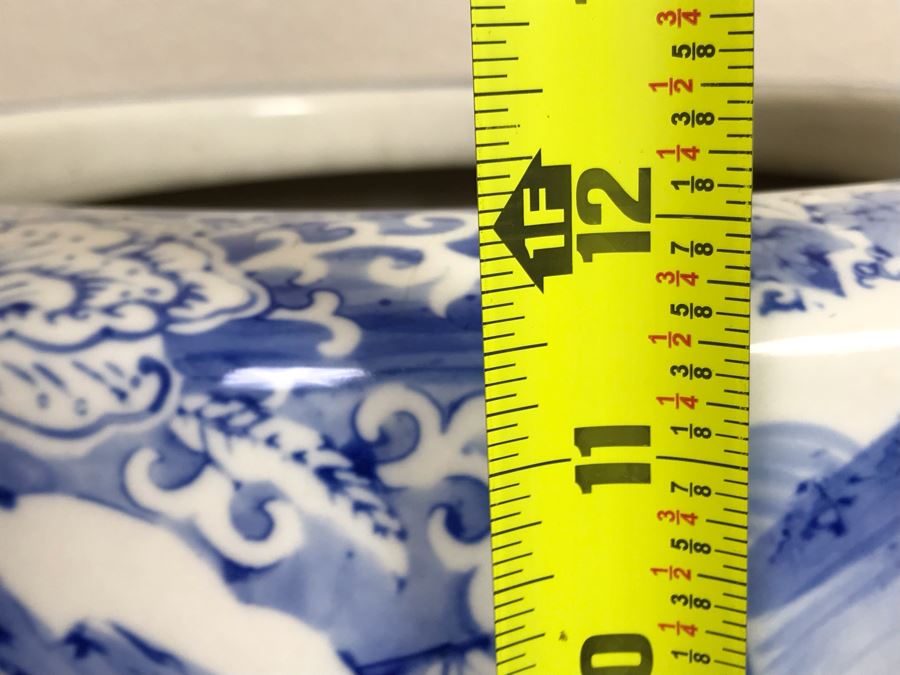 Large Blue And White Vintage Chinese Porcelain Pot With Wooden Stand - Pot 16W X 12H - Stand 12H [Photo 24]