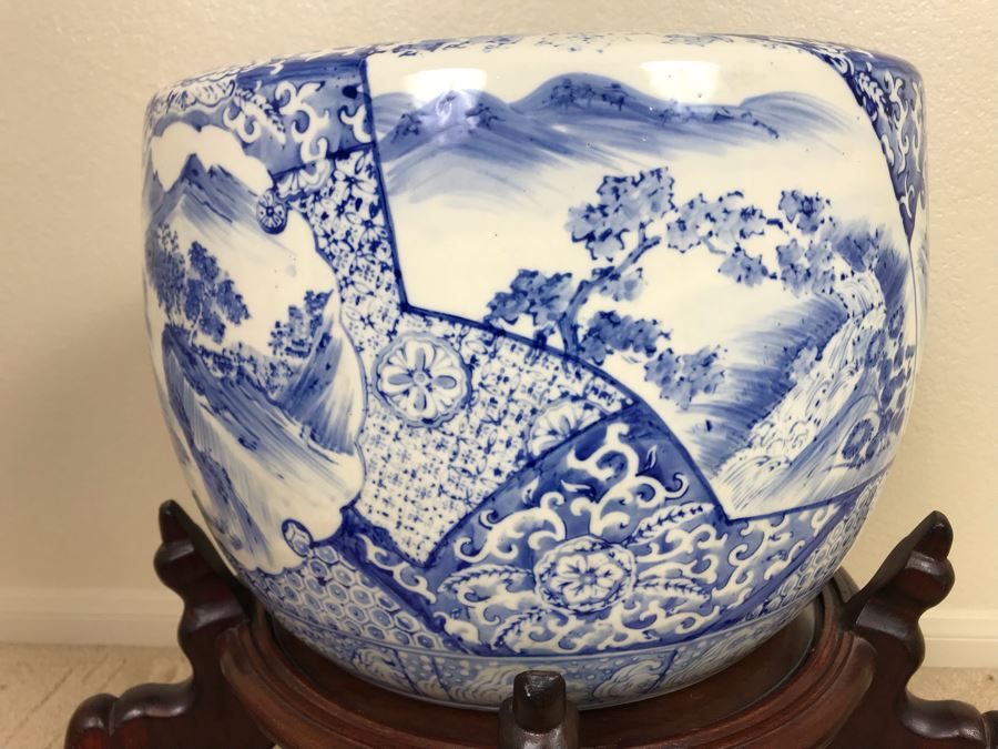 Large Blue And White Vintage Chinese Porcelain Pot With Wooden Stand - Pot 16W X 12H - Stand 12H [Photo 7]