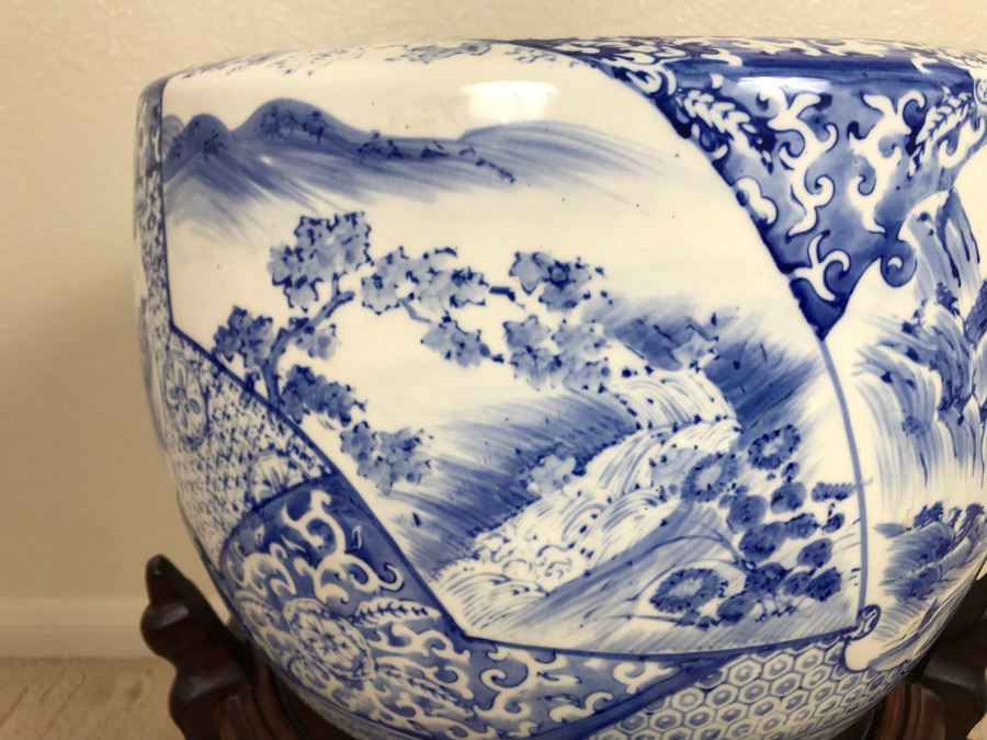 Large Blue And White Vintage Chinese Porcelain Pot With Wooden Stand - Pot 16W X 12H - Stand 12H [Photo 8]