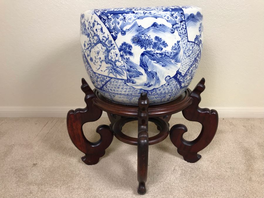 Large Blue And White Vintage Chinese Porcelain Pot With Wooden Stand - Pot 16W X 12H - Stand 12H [Photo 2]