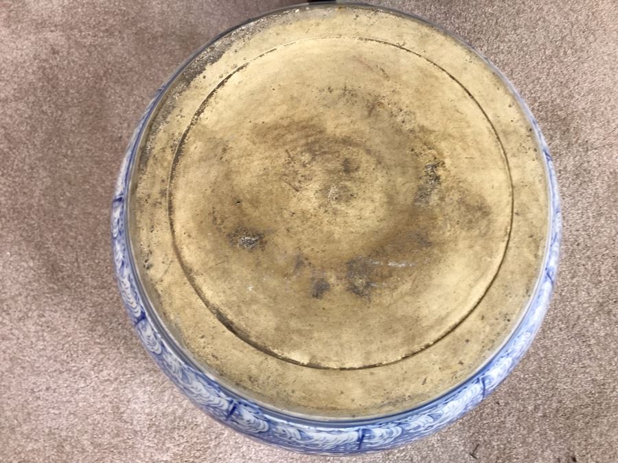 Large Blue And White Vintage Chinese Porcelain Pot With Wooden Stand - Pot 16W X 12H - Stand 12H [Photo 14]