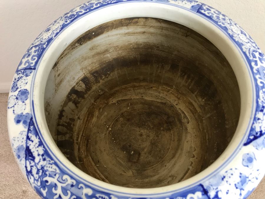 Large Blue And White Vintage Chinese Porcelain Pot With Wooden Stand - Pot 16W X 12H - Stand 12H [Photo 12]