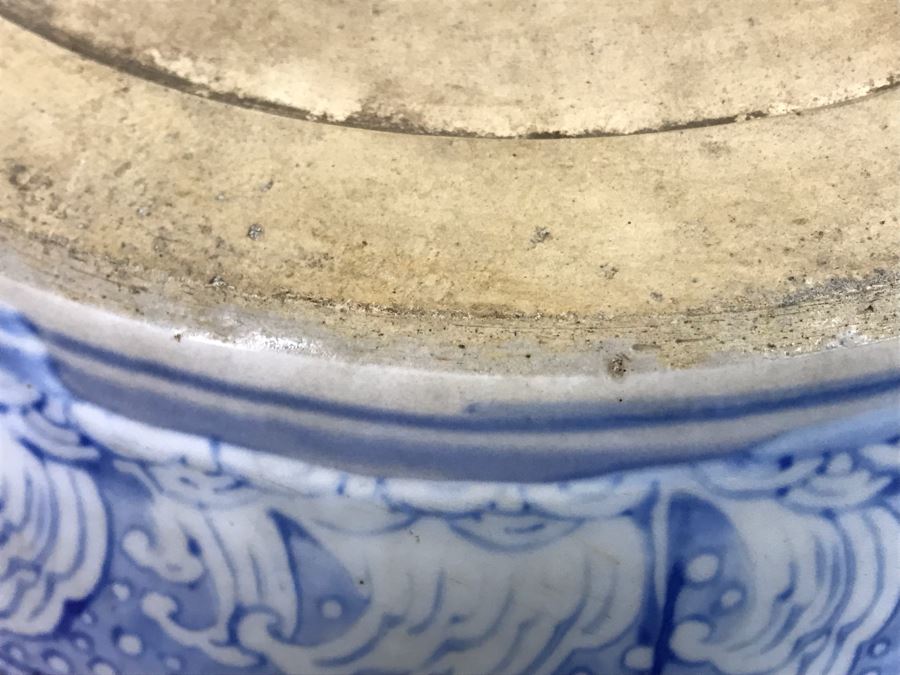 Large Blue And White Vintage Chinese Porcelain Pot With Wooden Stand - Pot 16W X 12H - Stand 12H [Photo 16]