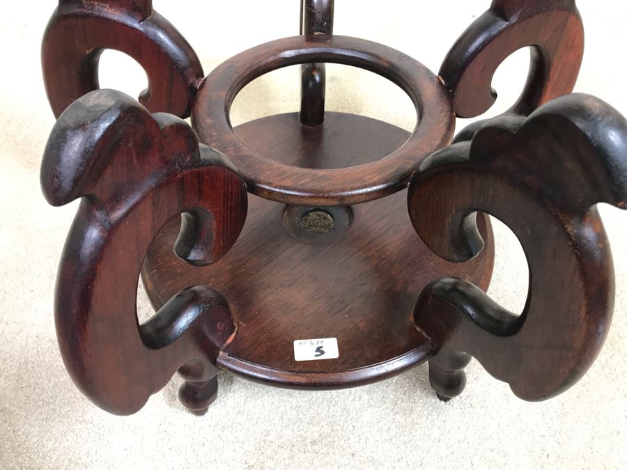 Large Blue And White Vintage Chinese Porcelain Pot With Wooden Stand - Pot 16W X 12H - Stand 12H [Photo 21]