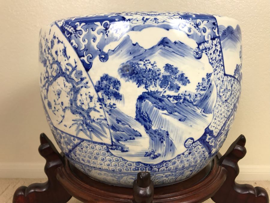 Large Blue And White Vintage Chinese Porcelain Pot With Wooden Stand - Pot 16W X 12H - Stand 12H [Photo 4]