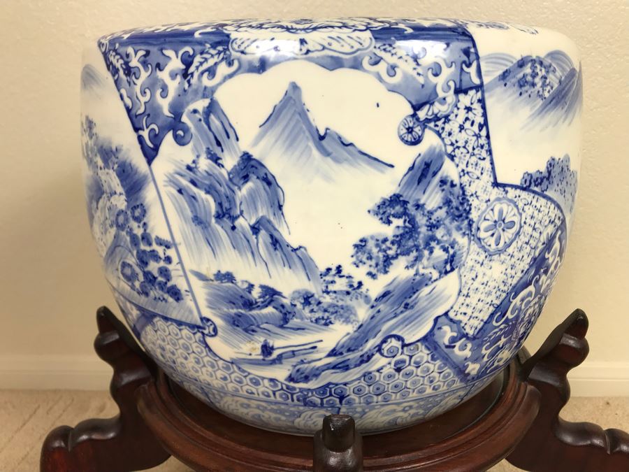 Large Blue And White Vintage Chinese Porcelain Pot With Wooden Stand - Pot 16W X 12H - Stand 12H [Photo 9]