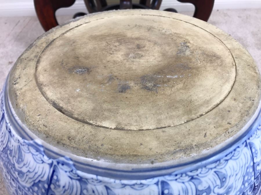 Large Blue And White Vintage Chinese Porcelain Pot With Wooden Stand - Pot 16W X 12H - Stand 12H [Photo 15]