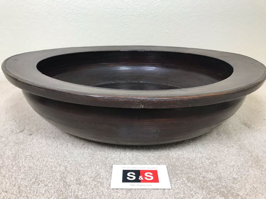 Antique Large Signed Asian Wooden Bowl 22.5W X 6H [Photo 4]