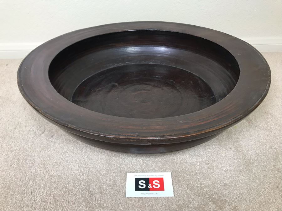Antique Large Signed Asian Wooden Bowl 22.5W X 6H [Photo 3]