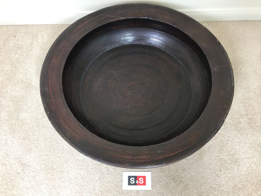 Antique Large Signed Asian Wooden Bowl 22.5W X 6H [Photo 5]