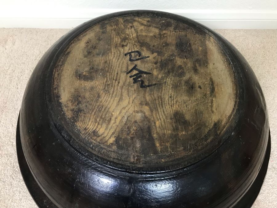 Antique Large Signed Asian Wooden Bowl 22.5W X 6H [Photo 2]