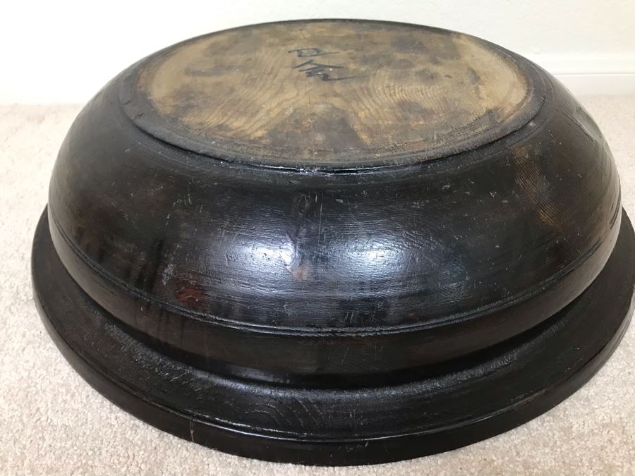 Antique Large Signed Asian Wooden Bowl 22.5W X 6H [Photo 13]