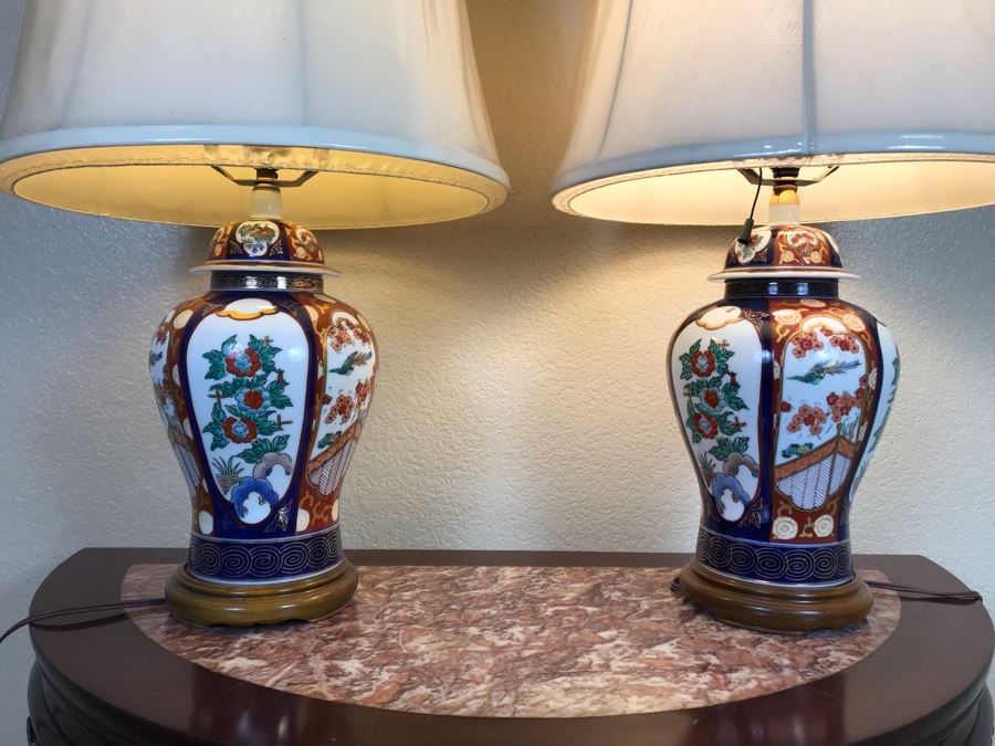 Pair Of Japanese Imari Hand Painted Porcelain Table Lamps