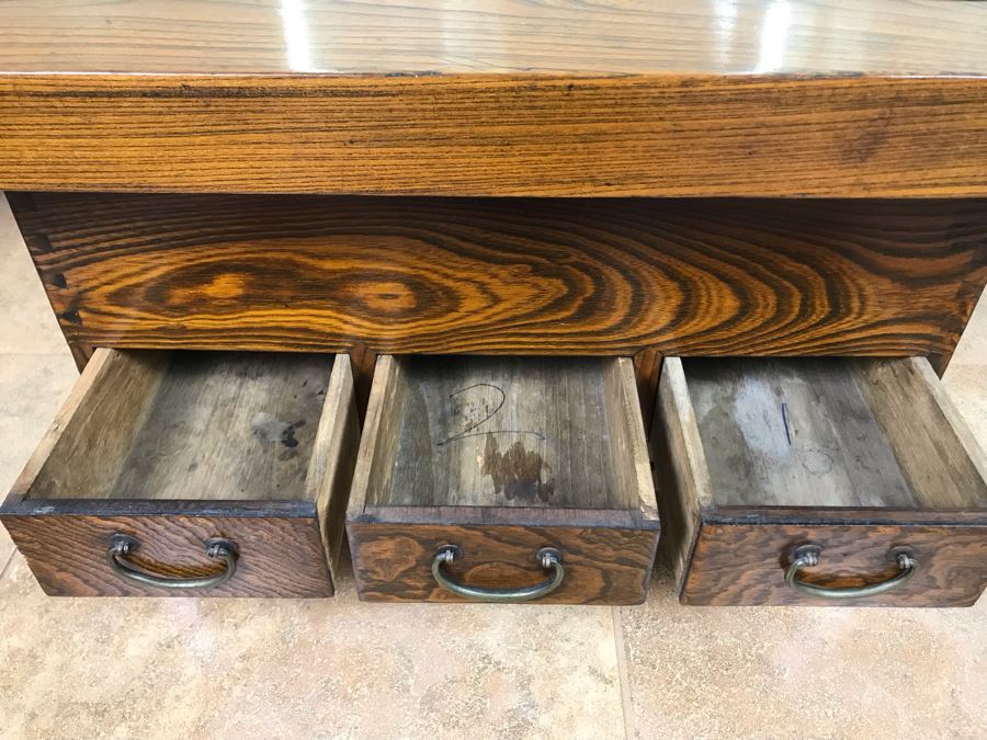 Antique Japanese Wooden Hibachi Coffee Side Table With Drawers [Photo 8]