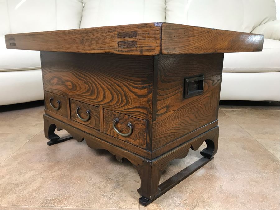 Antique Japanese Wooden Hibachi Coffee Side Table With Drawers [Photo 14]
