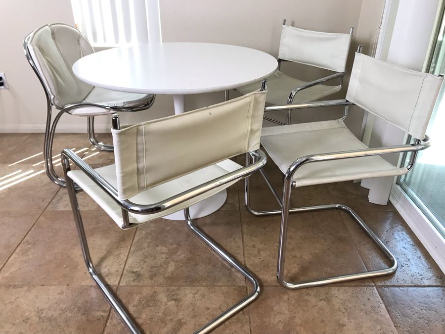 Tulip Table In Manner Of Eero Saarinen And (4) Bent Chrome And Leather Chairs [Photo 7]