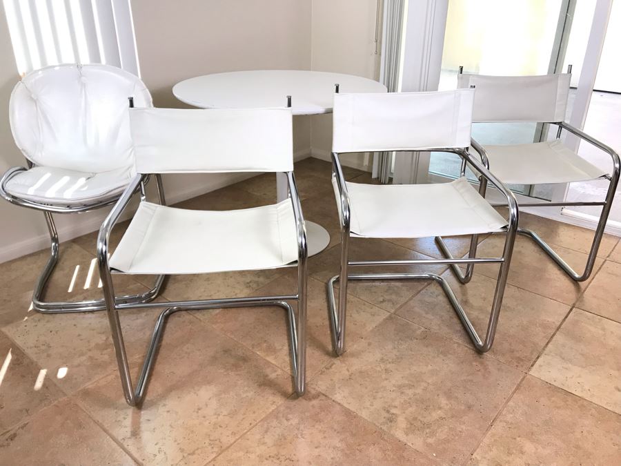 Tulip Table In Manner Of Eero Saarinen And (4) Bent Chrome And Leather Chairs [Photo 8]