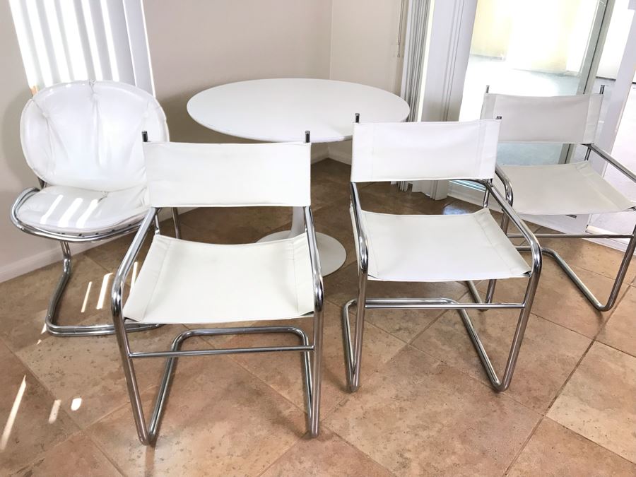 Tulip Table In Manner Of Eero Saarinen And (4) Bent Chrome And Leather Chairs [Photo 9]