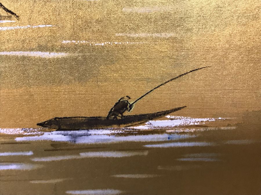 Vintage Signed Original Gold Leaf Screen Landscape Painting Excellent Condition 66W X 36H [Photo 12]