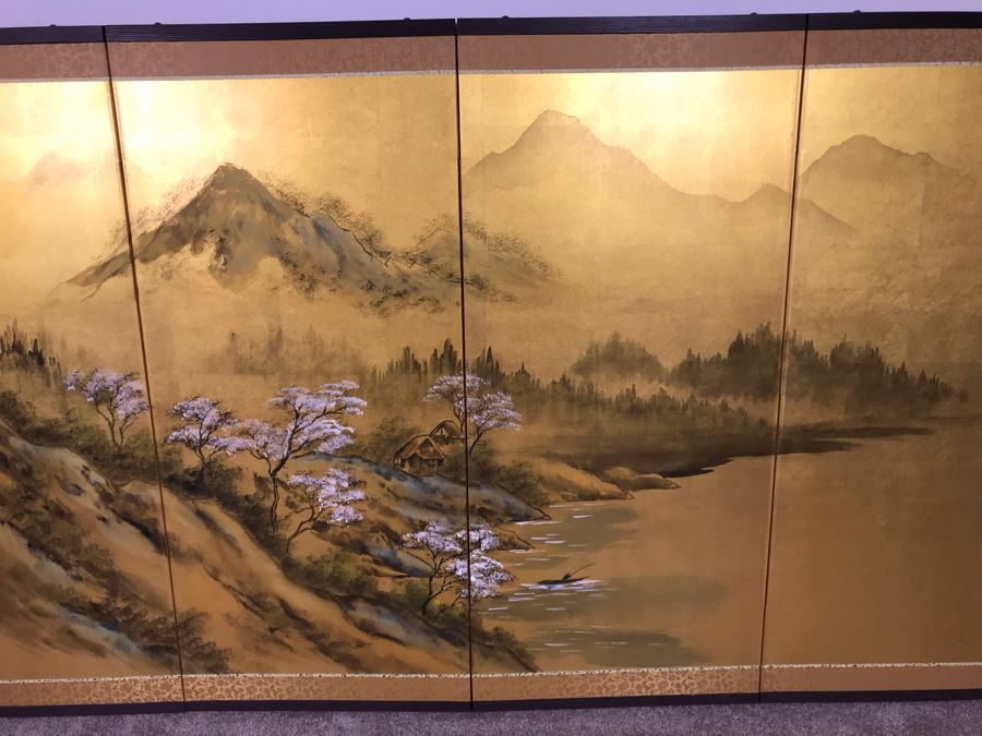 Vintage Signed Original Gold Leaf Screen Landscape Painting Excellent Condition 66W X 36H [Photo 3]