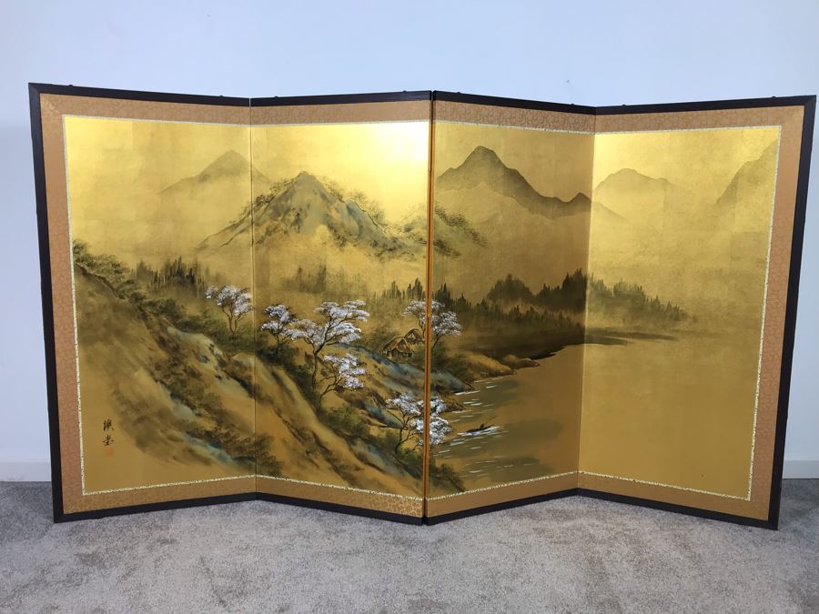 Vintage Signed Original Gold Leaf Screen Landscape Painting Excellent Condition 66W X 36H [Photo 7]