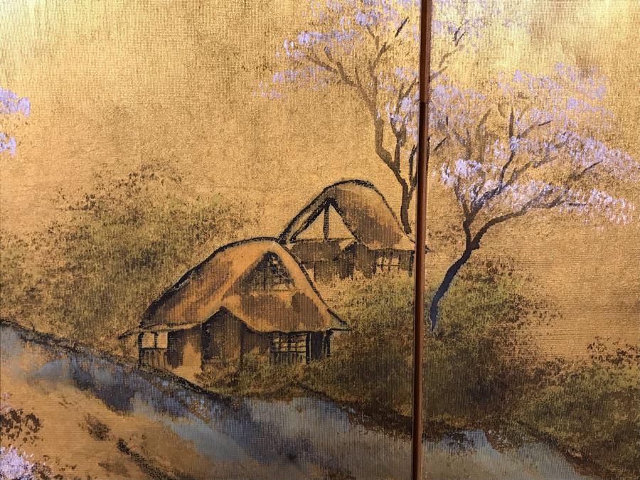 Vintage Signed Original Gold Leaf Screen Landscape Painting Excellent Condition 66W X 36H [Photo 13]