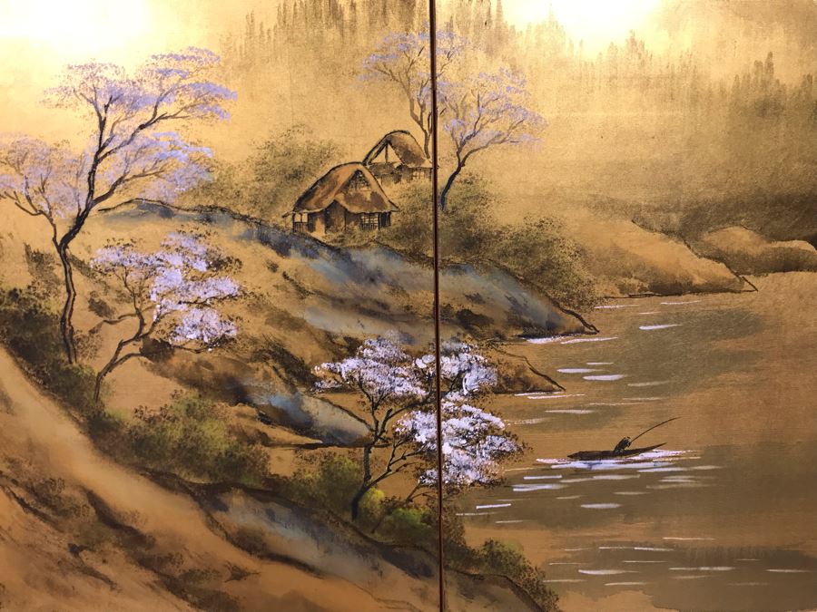 Vintage Signed Original Gold Leaf Screen Landscape Painting Excellent Condition 66W X 36H [Photo 11]