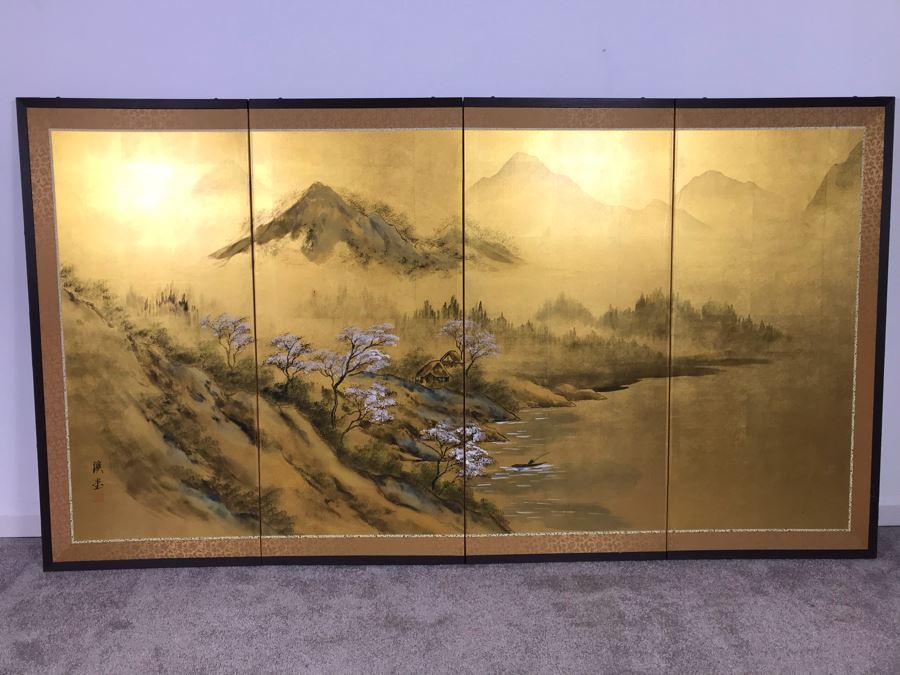 Vintage Signed Original Gold Leaf Screen Landscape Painting Excellent Condition 66W X 36H [Photo 2]