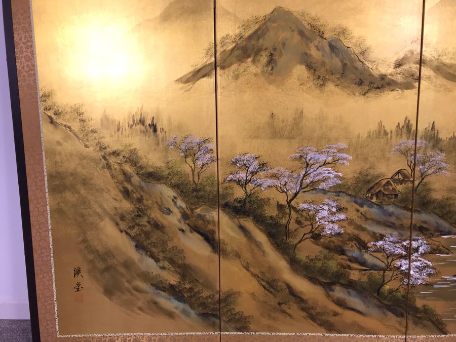 Vintage Signed Original Gold Leaf Screen Landscape Painting Excellent Condition 66W X 36H [Photo 10]