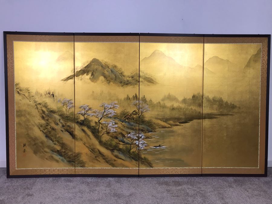 Vintage Signed Original Gold Leaf Screen Landscape Painting Excellent Condition 66W X 36H