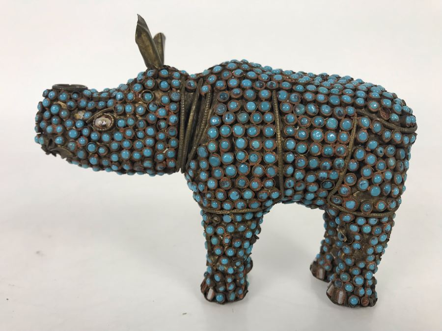 Old Nepalese Tibetan Brass Filigree Rhinoceros With Inlayed Turquoise 6W X 4H