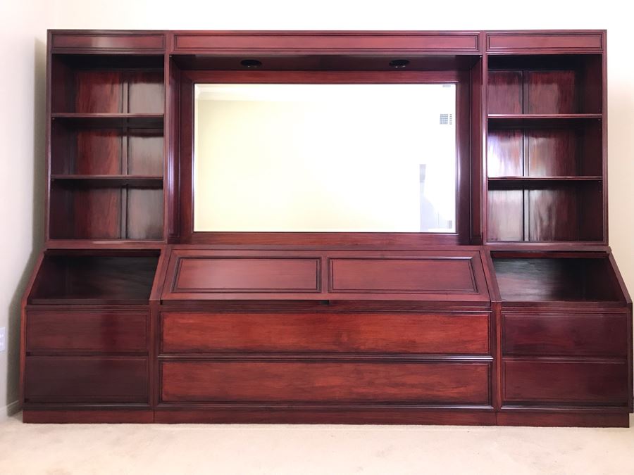 Stunning Solid Rosewood Headboard With Large Mirror, Overhead Lighting