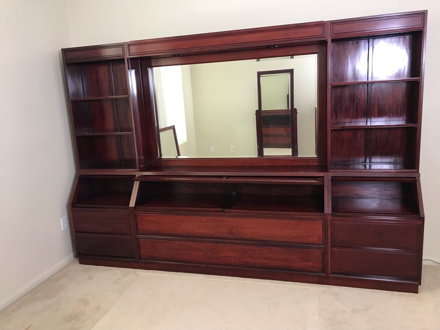 Stunning Solid Rosewood Headboard With Large Mirror, Overhead Lighting