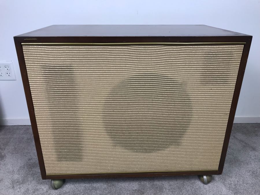 Mid-Century Acosti-Craft Speaker Cabinet With Gold Grill Cloth And Casters Perfect For Side Table Or Bar 31.5W X 18D X 27H