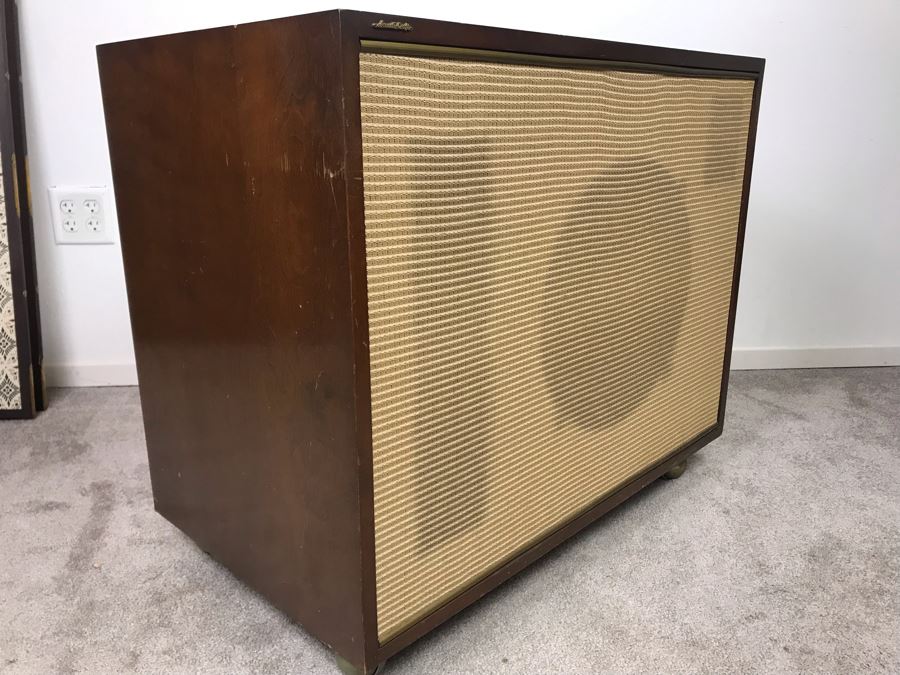 Mid-Century Acosti-Craft Speaker Cabinet With Gold Grill Cloth And Casters Perfect For Side Table Or Bar 31.5W X 18D X 27H [Photo 5]