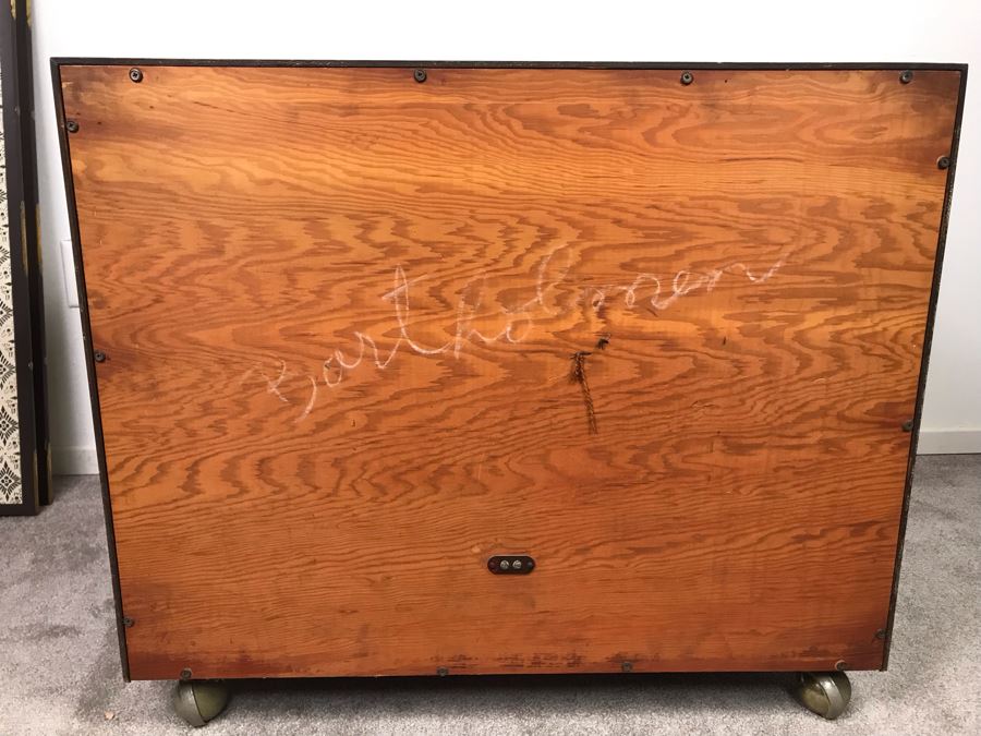 Mid-Century Acosti-Craft Speaker Cabinet With Gold Grill Cloth And Casters Perfect For Side Table Or Bar 31.5W X 18D X 27H [Photo 6]