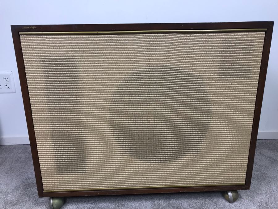 Mid-Century Acosti-Craft Speaker Cabinet With Gold Grill Cloth And Casters Perfect For Side Table Or Bar 31.5W X 18D X 27H [Photo 3]