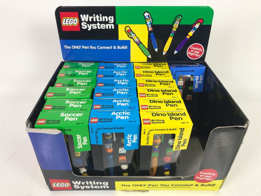 (19) New LEGO Writing System Pens With Store Merchandiser: Soccer, Artic, Dino Island And World Pens