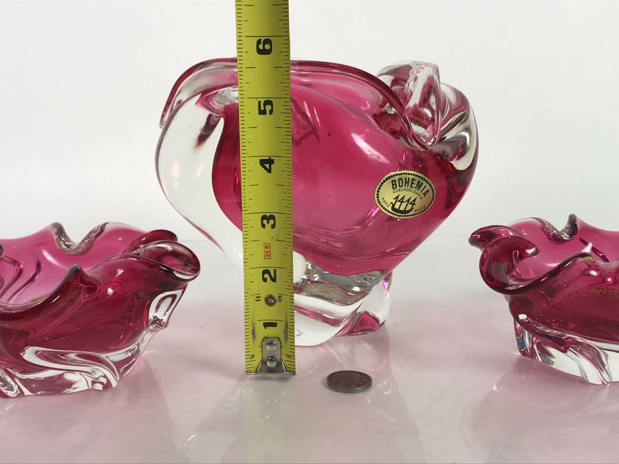 Collection Of (3) Stunning Hand Made Bohemia Czechoslovakia Blown Glass Bowls All With Original Tags Stickers Middle Glass Is 5.5H [Photo 12]